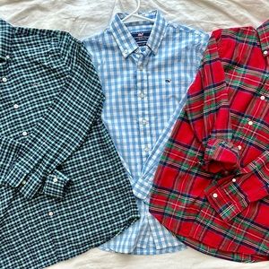 3 Vineyard Vines Boy’s button down shirts Medium red blue cotton plaid gingham